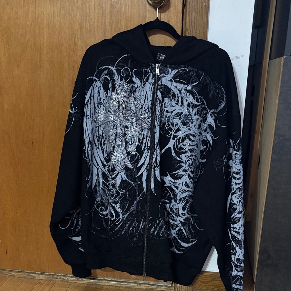 INSOMNIA Black Zip Up Hoodie with Silver Graphic Design HIGH QUALITY RHINESTONE